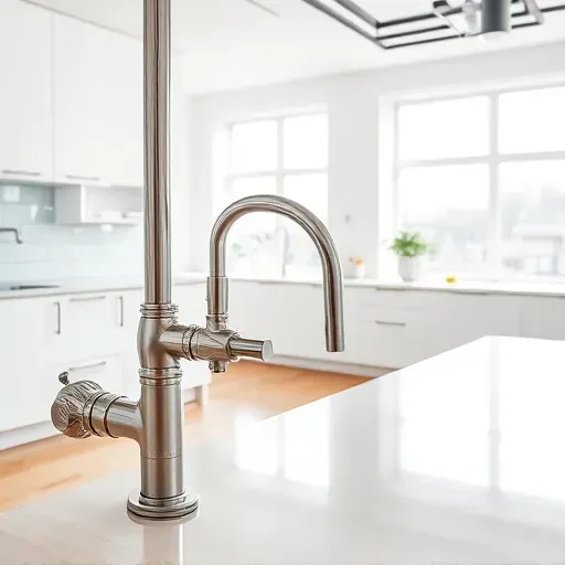 Completed kitchen plumbing setup with stainless steel pipes, modern fixtures, seamless connections, in a bright contemporary kitchen