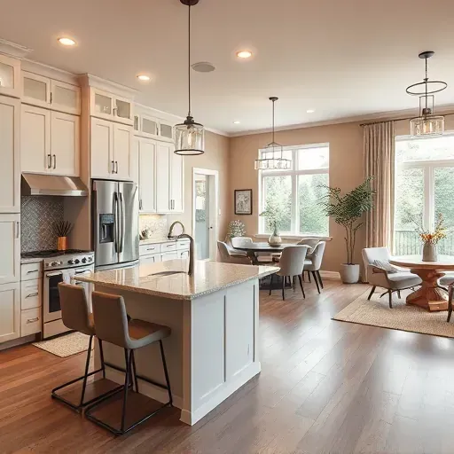 Modern kitchen remodel in Bagdad KY featuring sleek cabinetry quartz countertops and a stylish island with bar stools.