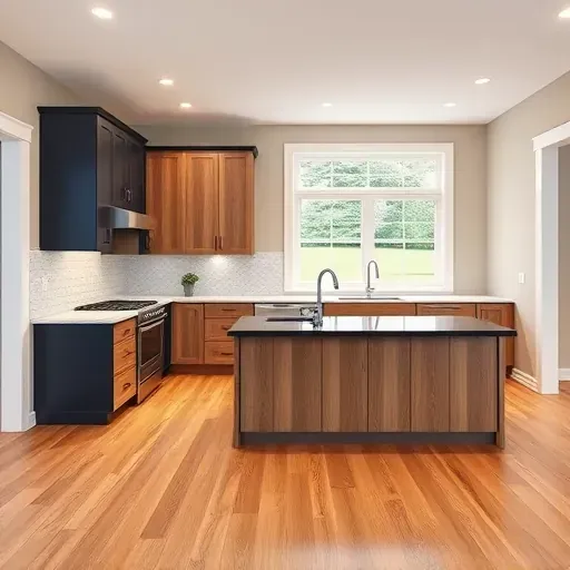 Modern kitchen remodel in Lawrenceburg KY with navy cabinets, white quartz counters, herringbone backsplash, and oak flooring.