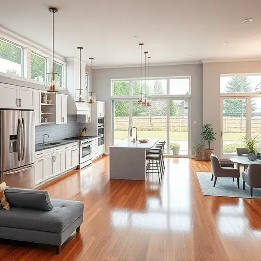 Modern open-concept kitchen and living space with sleek cabinetry, stainless steel appliances, large windows, hardwood floors, and contemporary decor