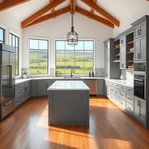 Remodeled Smithfield KY kitchen with quartz countertops, stainless steel appliances, hardwood floors, large windows, and rustic vaulted ceiling
