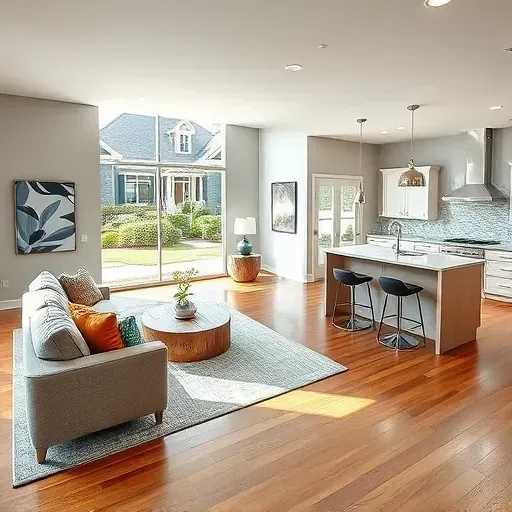Living room remodel in Harrodsburg KY featuring modern decor, hardwood floors, and natural light through large windows.
