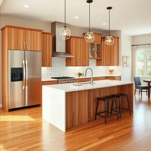 Remodeled Willisburg KY kitchen with quartz countertops stainless steel appliances wood cabinetry large windows hardwood floors and subway tile backsplash