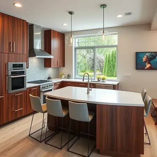 Stunning remodeled kitchen in Alton KY featuring walnut cabinetry, white quartz countertops, mosaic backsplash, and modern appliances.