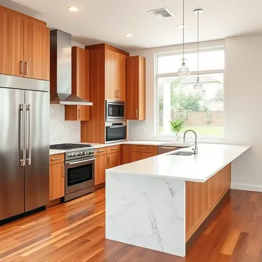 Modern renovated kitchen in Lawrenceburg KY with warm wood cabinetry, quartz countertops, stainless steel appliances, and natural light.
