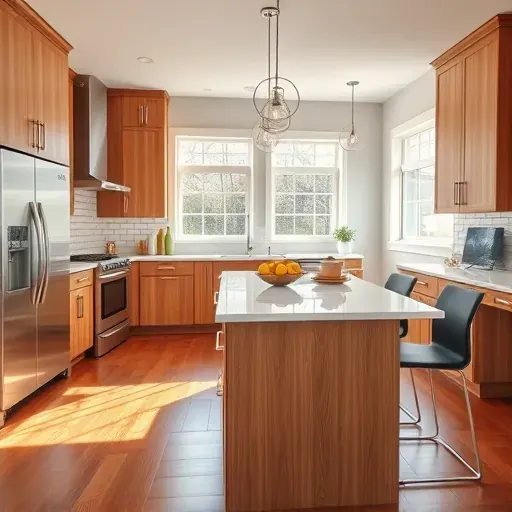 Modern kitchen renovation in Pleasureville KY with high-end appliances, quartz island, and warm wood cabinetry.