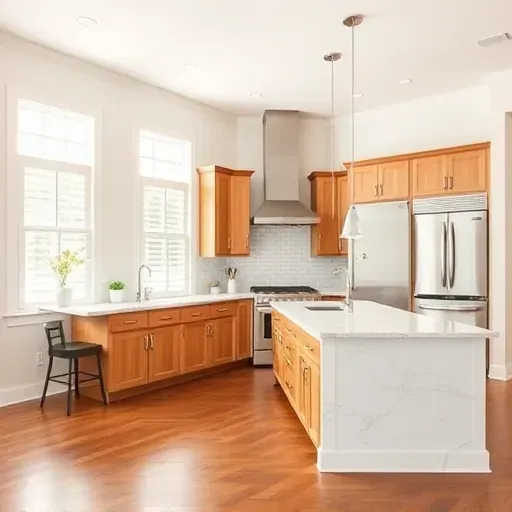 Renovated kitchen in Salvisa KY with modern cabinetry, stainless steel appliances, marble island, and natural light.