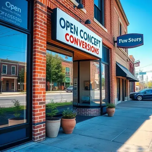 Vibrant storefront of Open Concept Conversions in Lawrenceburg Kentucky featuring modern brick facade large glass windows greenery and downtown reflections