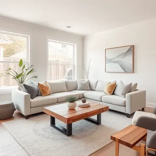 Renovated living room in Springfield KY features modern design, cozy sectional, reclaimed wood table, and natural light.