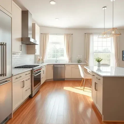 Recently remodeled modern kitchen in Wilmore KY with sleek matte cabinets stainless steel appliances quartz countertops and hardwood flooring
