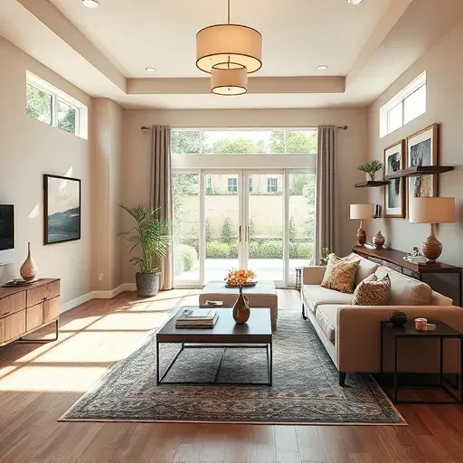 Remodeled living room in Nicholasville KY with modern furnishings, warm colors, and a cozy, inviting atmosphere.