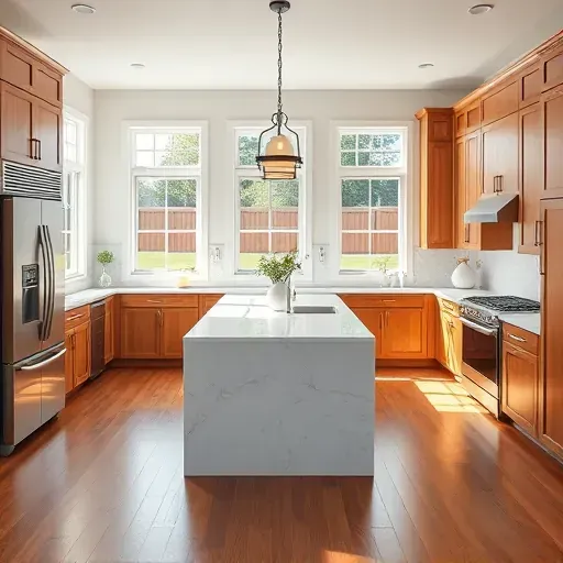 Remodeled Nicholasville KY kitchen with quartz countertops stainless steel appliances wooden cabinetry large island hardwood floors and backyard view