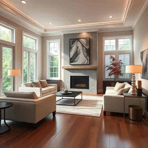 Elegant remodeled living room in Versailles KY with modern furniture, warm lighting, and polished hardwood floors.