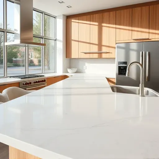 Seamless quartz kitchen countertop in Lawrenceburg KY with polished surfaces, elegant cabinetry and modern appliances