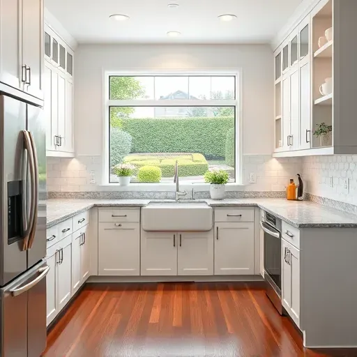 Beautifully remodeled kitchen in Bardstown KY with stainless steel appliances, white cabinetry, and marble countertops.