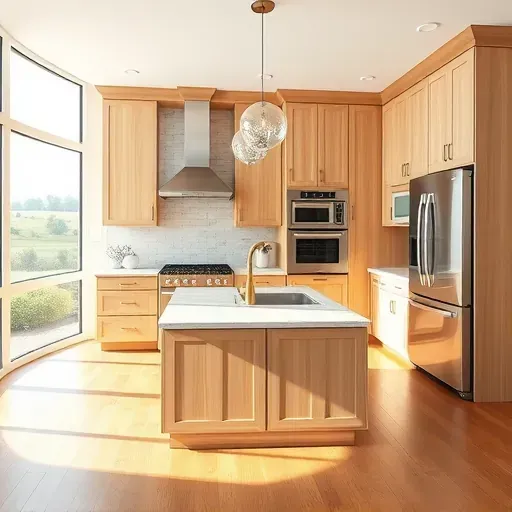 Beautiful remodeled kitchen in Monterey KY with modern cabinets quartz countertops stainless steel appliances island hardwood flooring and rural landscape