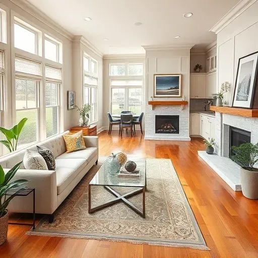 Contemporary Bloomfield KY living room with elegant furnishings, open floor plan, large windows, and stylish decor.