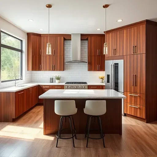 Modern kitchen renovation in Harrodsburg KY with walnut cabinetry, quartz countertops, and stylish island seating.
