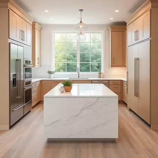 Recently remodeled modern kitchen in Waddy KY with sleek cabinets, stainless steel appliances, quartz countertops, marble island, subway tile backsplash, and natural light