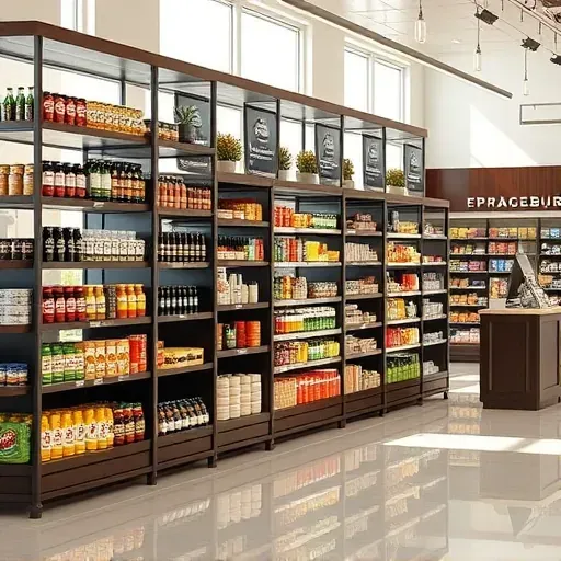 Modern retail store in Lawrenceburg KY with polished dark wood shelving, neatly arranged products, natural light, and inviting layout
