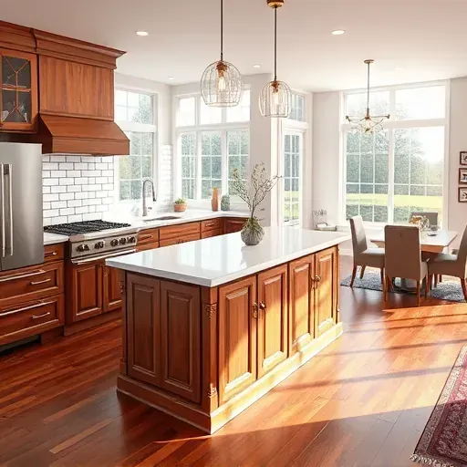 Modern renovated kitchen in Alton KY with quartz countertops stainless appliances custom wood cabinets marble island pendant lighting subway tile hardwood floors and natural light