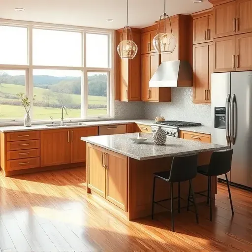 Remodeled Lancaster Kentucky kitchen with granite countertops stainless-steel appliances wooden cabinetry island pendant lighting hardwood floors scenic window views