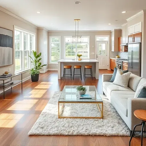 Beautiful renovated Lawrenceburg KY living room with modern design, hardwood floors, large windows, and upgraded kitchen