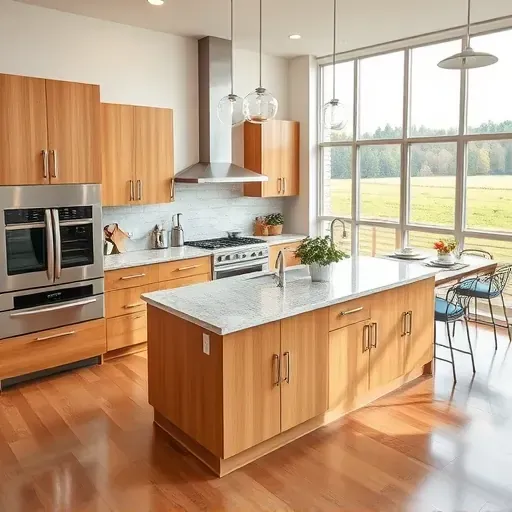 Modern Houstonville kitchen with granite countertops stainless steel appliances wooden cabinets marble island hardwood floors lush greenery view