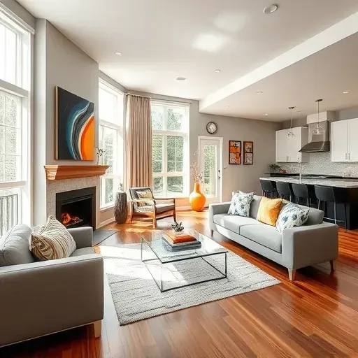Renovated living room in Nonesuch KY features modern decor, custom fireplace, and natural light from large windows.
