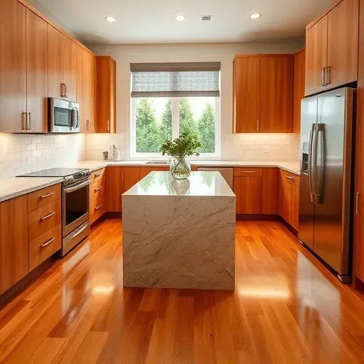 Renovated Georgetown KY kitchen with warm wood cabinets quartz countertops stainless steel appliances and lush backyard view