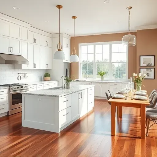 Modern kitchen remodel in Nicholasville KY with white cabinets, granite island, and stainless appliances in warm light.