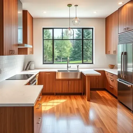 Beautiful modern kitchen in Smithfield KY with polished quartz countertops, white subway backsplash, stainless steel appliances, warm wood cabinets, and natural light.