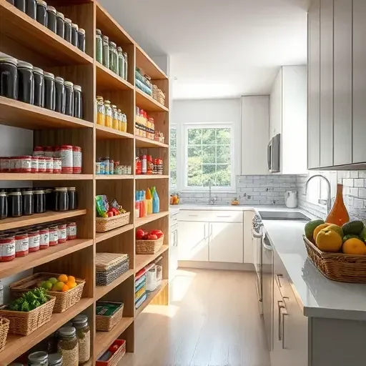 Organized pantry in Lawrenceburg KY with wooden shelves, labeled jars, canned goods, produce, natural light, modern kitchen