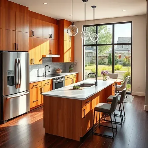 Renovated kitchen in Lawrenceburg KY with warm wood cabinetry, quartz countertops, and stainless steel appliances, sunlight brightens space.