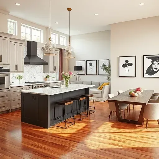 Modern kitchen in Lexington-Fayette, KY, featuring sleek cabinetry, granite countertops, and elegant pendant lights.