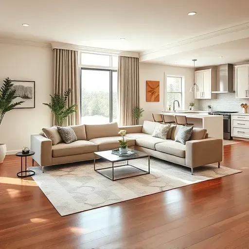 Modern living room in Corinth KY with natural light, stylish furniture, decor, and seamless kitchen design.