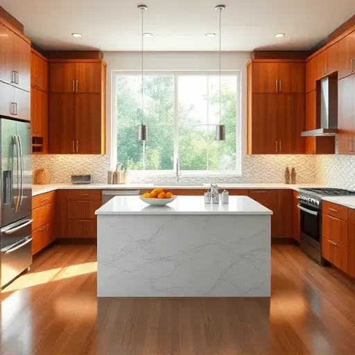 Modern completed kitchen in New Castle KY with wooden cabinets stainless steel appliances marble island mosaic backsplash hardwood floors lush outdoor view