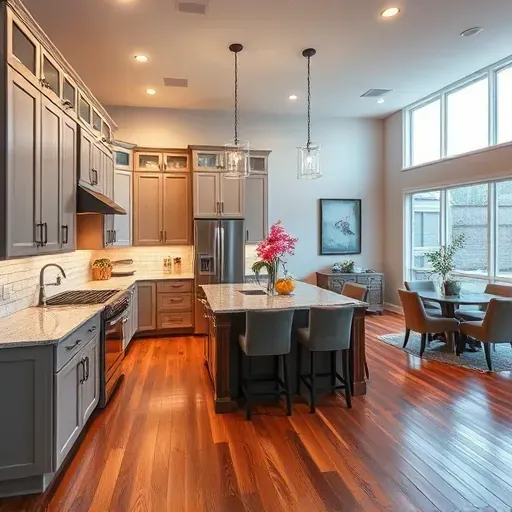 Modern kitchen remodel in Bardstown KY features sleek cabinetry, granite countertops, stainless appliances, and warm lighting.