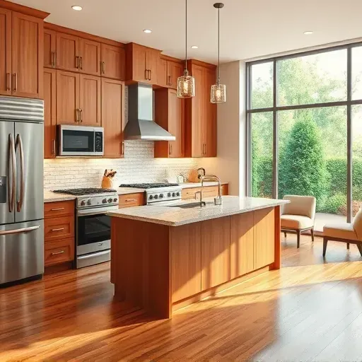 Remodeled Harrodsburg KY kitchen with modern wood cabinets stainless steel appliances granite island and natural light