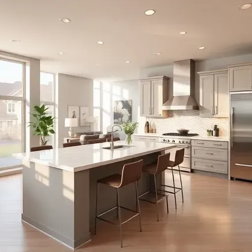 Modern kitchen remodel in Chaplin KY with sleek cabinetry, marble countertop, stainless steel appliances and elegant décor.