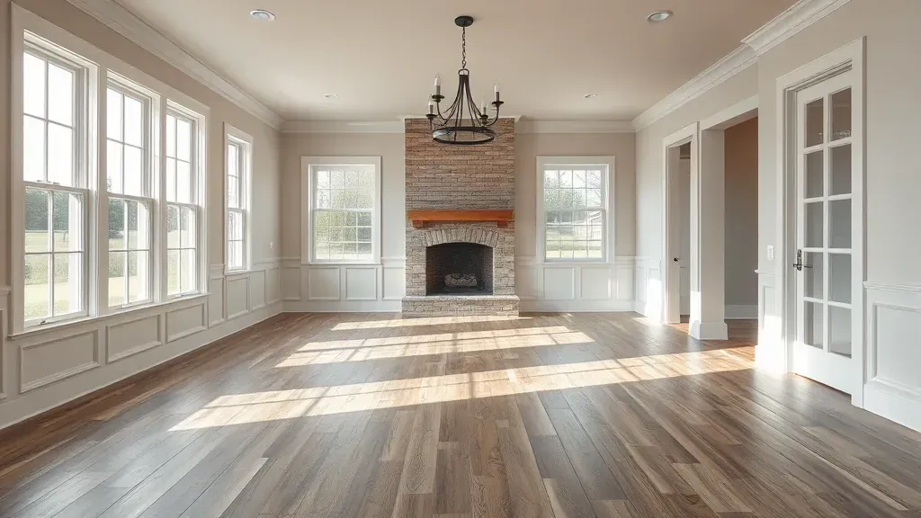 Flooring installation project showcasing hardwood floors in a modern living room in Lawrenceburg KY