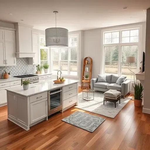 Modern kitchen and living space in Lancaster KY featuring white cabinetry, quartz countertops, and natural light.