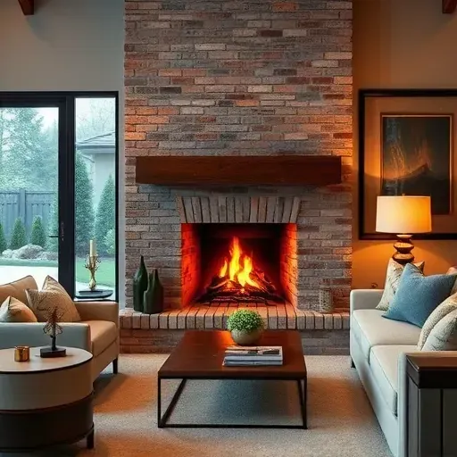Cozy modern living room with a beautifully designed brick fireplace, warm fire glow, plush seating, stylish decor, and scenic outdoor view