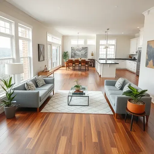 Modern renovated living room in Lawrenceburg KY with hardwood floors, large windows, stylish decor, and seamless kitchen transition