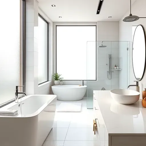 Renovated Lawrenceburg KY bathroom with modern fixtures, freestanding tub, walk-in shower, marble countertops, and natural light