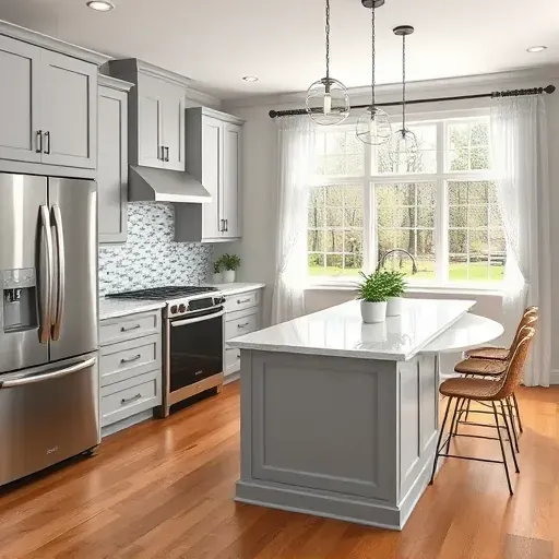 Remodeled kitchen in Pleasureville KY with gray cabinetry, marble countertop, stainless steel appliances, and blue mosaic tiles.