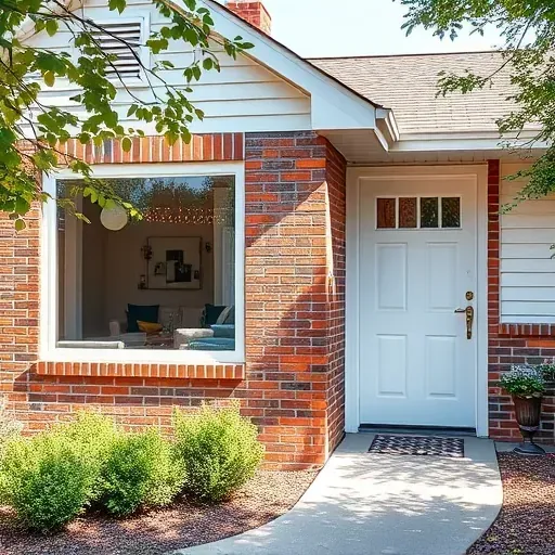 New energy-efficient double-glazed window and stylish entry door installed on a charming suburban brick house in Lawrenceburg KY