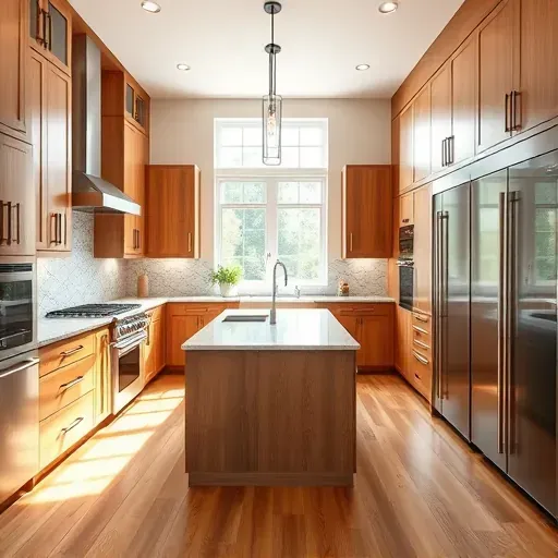A modern kitchen in Midway, KY with wood cabinetry, stainless steel appliances, and a granite island under natural light.