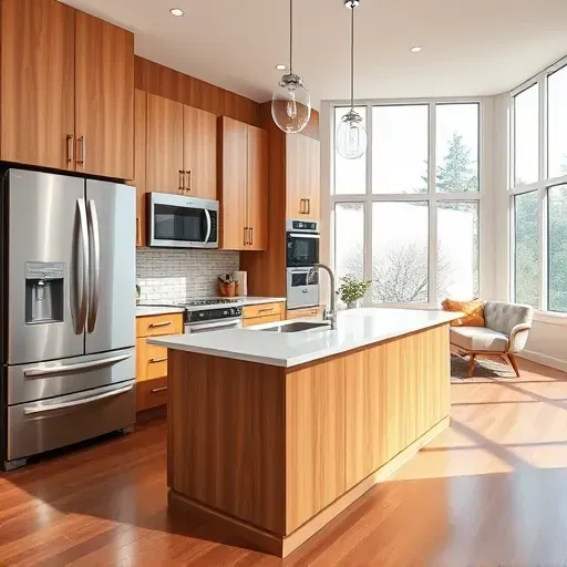 Remodeled Corinth KY kitchen with warm wood cabinets quartz countertops stainless steel appliances large windows hardwood floors and modern design