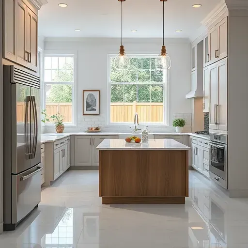 Renovated kitchen in Lawrenceburg KY with stainless steel appliances, granite countertops, island, and contemporary lighting.